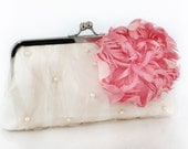Honeysuckle Feather Peony Brooch with Ivory Bridal Clutch  8-inch LAFORET
