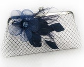 White Clutch with Navy Blue Feather Flower Fascinator 8 inches FASCINATOR PASSION