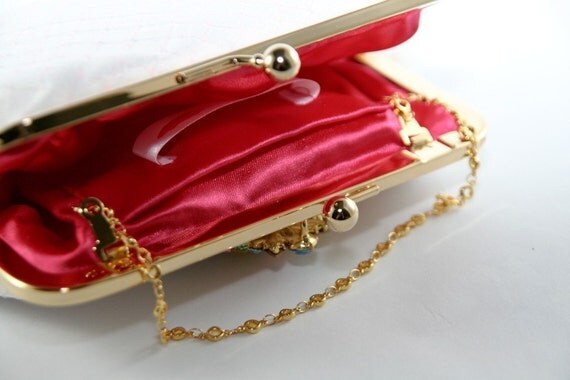 Bridal Clutch Bag in white with peacock feather brooch - 8-inch PEACOCK PASSION