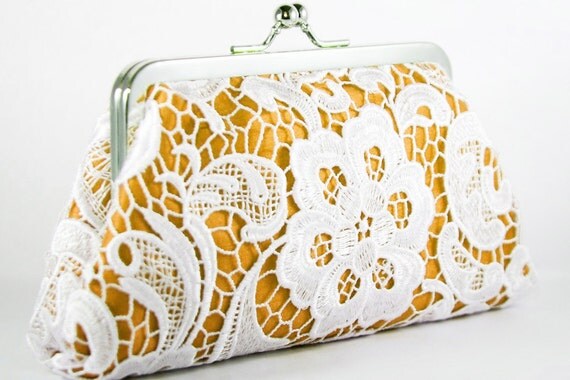 White Bridal Lace Clutch in Tangerine Orange 8-inch L'HERITAGE