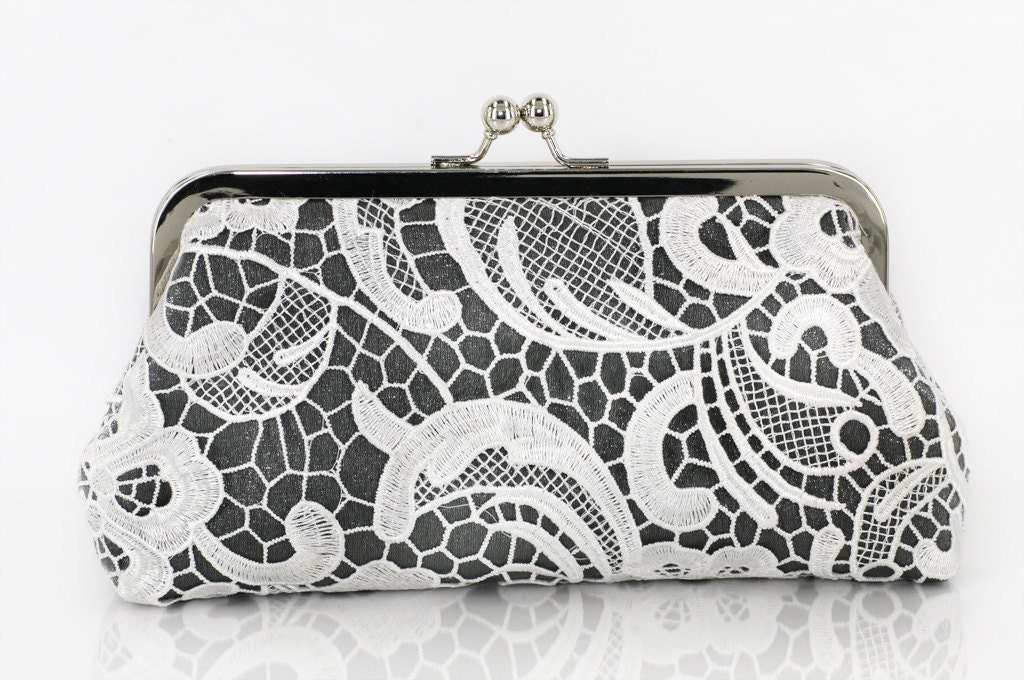 White Lace Bridal Clutch in Shimmery Silver Gray 8-inch L'HERITAGE
