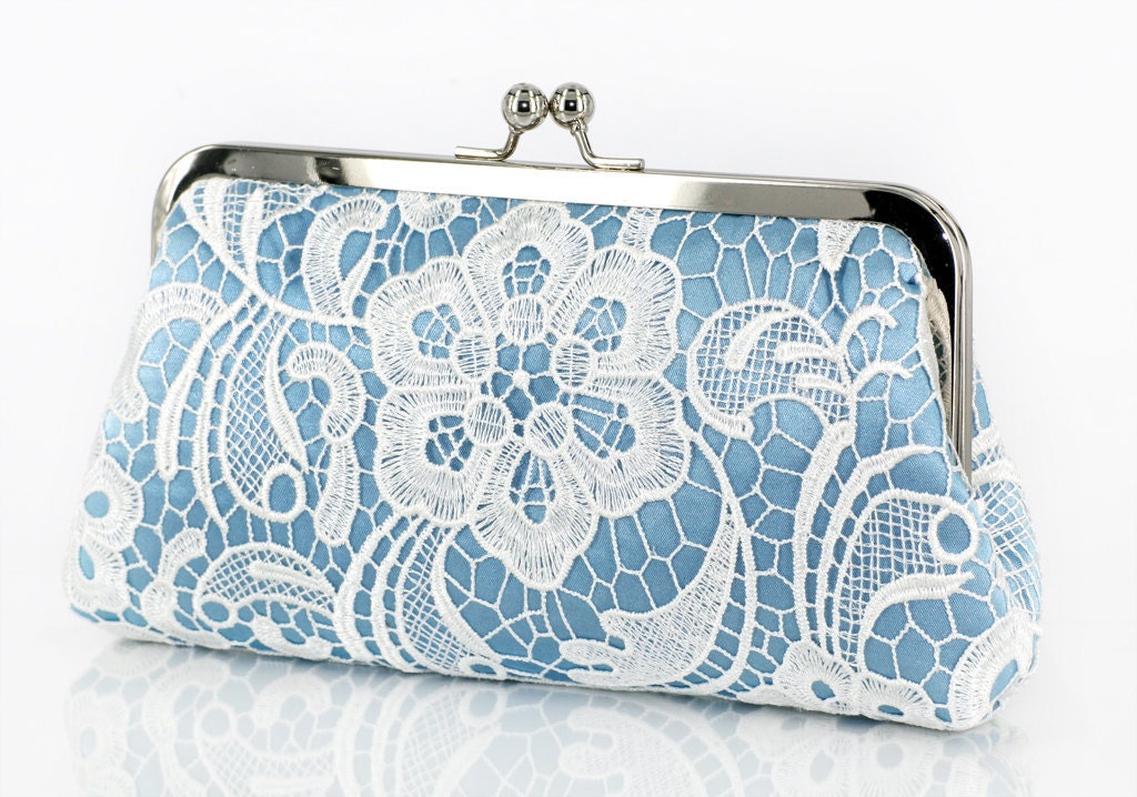 White Lace Bridal Clutch in Baby Blue 8-inch L'HERITAGE