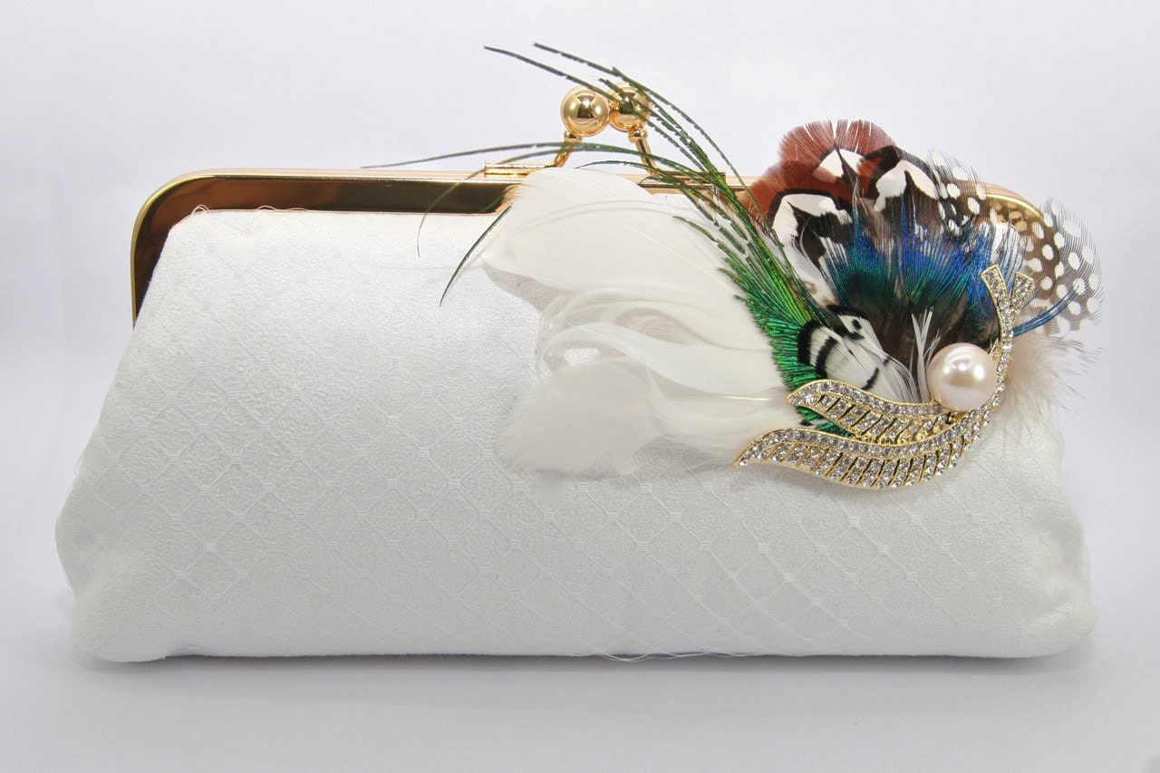 Bridal Clutch Bag in white with peacock feather brooch - 8-inch PEACOCK PASSION