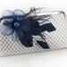 White Clutch with Navy Blue Feather Flower Fascinator 8 inches FASCINATOR PASSION