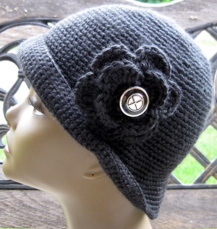 Crochet Hat, Flip Up Black Button Flower Brooch Cloche