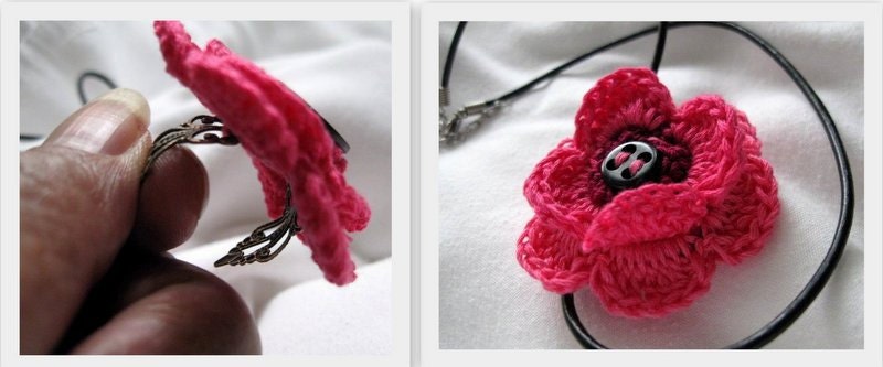 Crochet Jewelry Set, Pink Flower Necklace and Ring, with Leather Cord and Adjustable Filigree Base