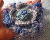 Crochet Brooch, Baby Blue and Purple Flower Button Pin