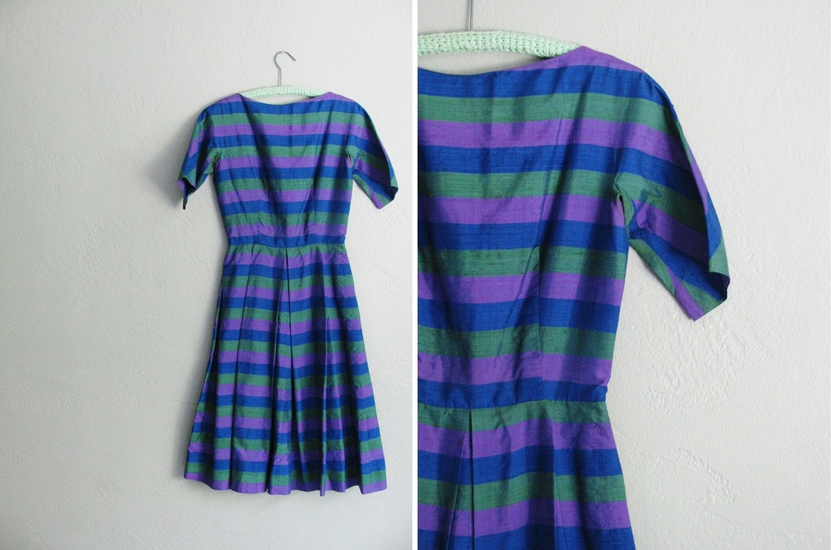 s a l e . vintage '50s blue, purple & green striped dress with full skirt. box pleats. size s.