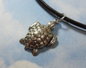 Sea Turtle Necklace- Sterling silver charm, brown or black leather cord - men's or women's jewelry