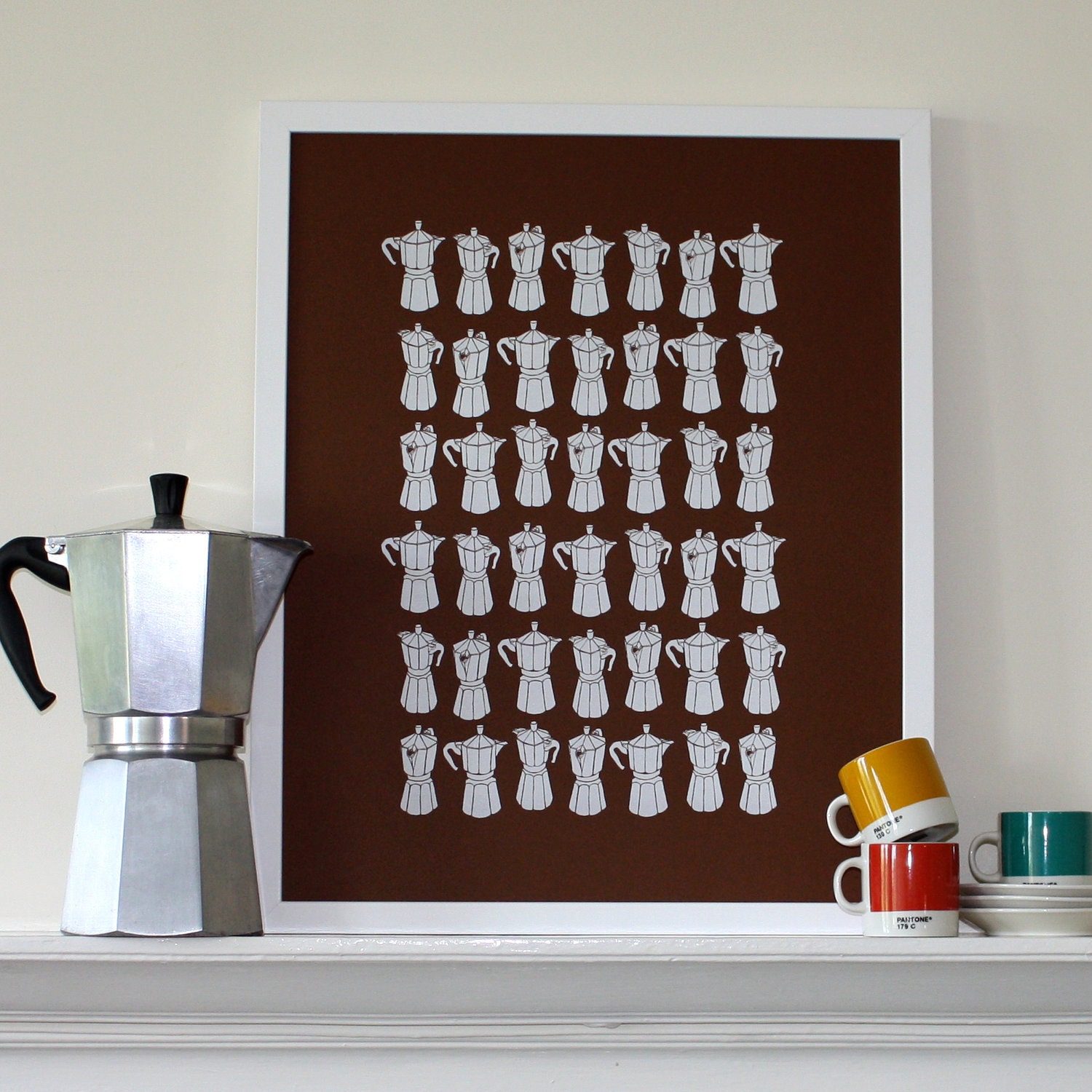 Moka Express silkscreen print - white ink on coffee