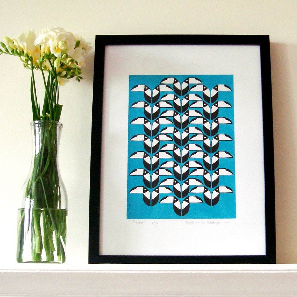 Toucans in turquoise and black screen print - limited edition of 30