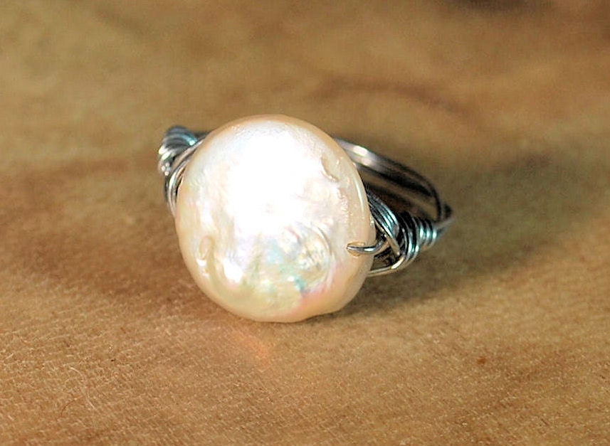 Creamy White Mother of Pearl Silver Wirewrapped Ring Size 6