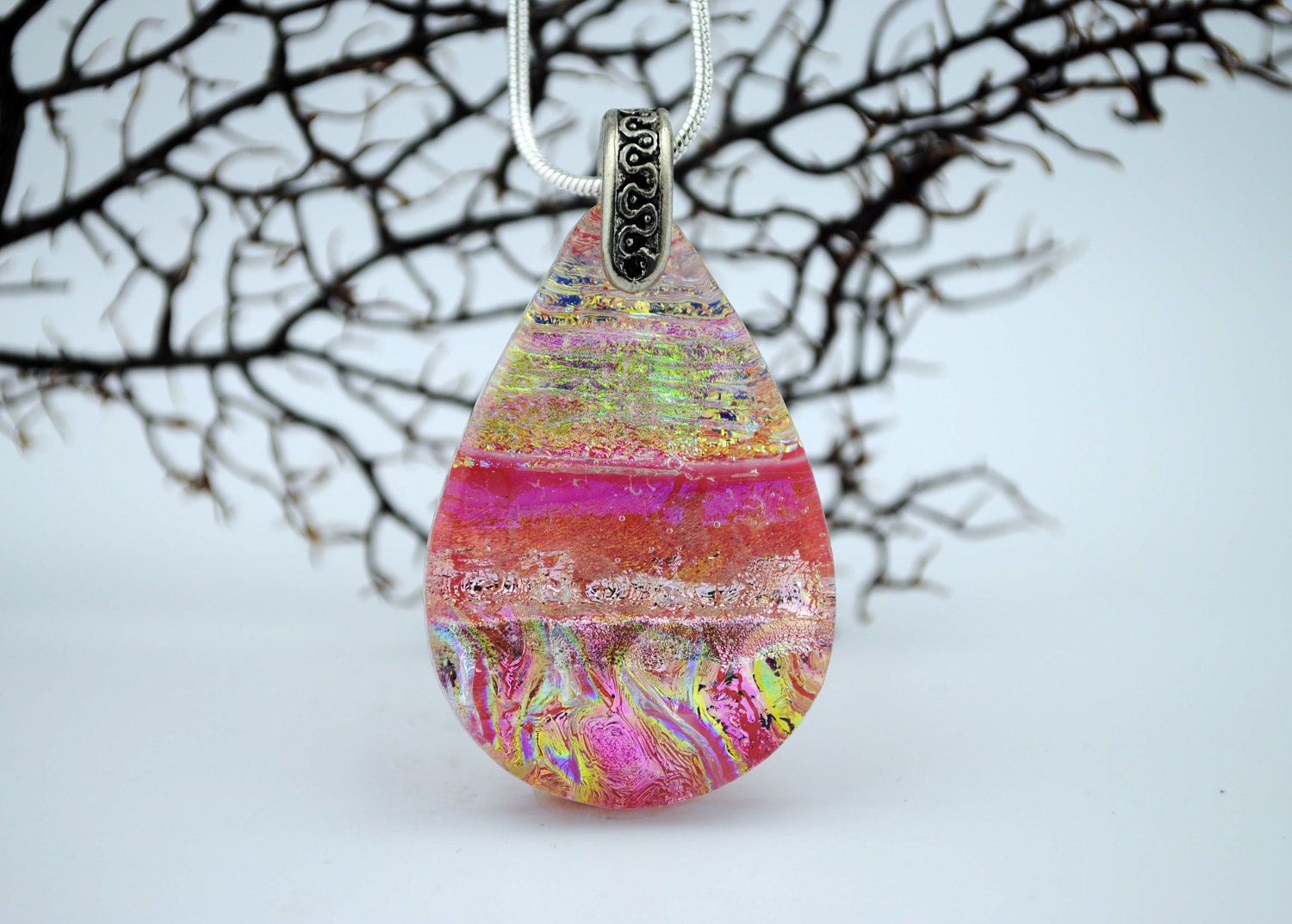 Fused Dichroic Glass Pendant - Glowing Pink