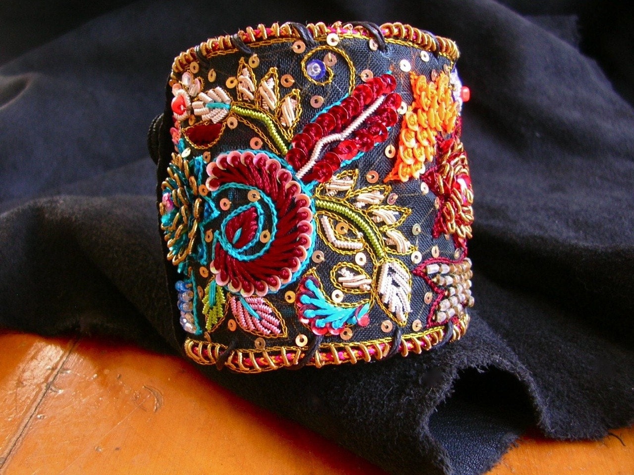 Luxe Leather Cuff with Embroidered Trim in Rich Floral Hues