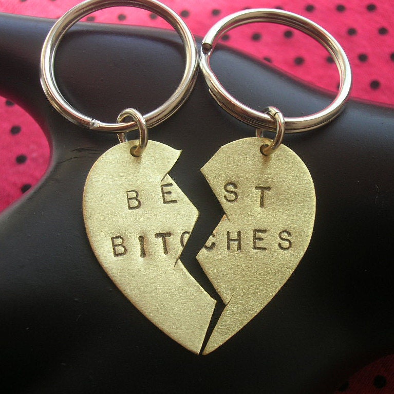 Best Bitches Keychains------Brass Split Heart Keychain--MADE TO ORDER----Best Friends--Two Keychains