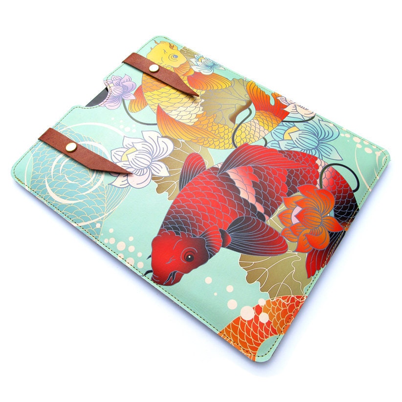 Leather iPad case - Koi and Lotus Flower Tattoo