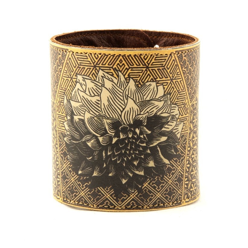 Leather cuff / wallet wristband - Japanese chrysanthemum