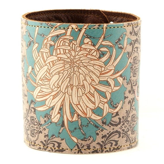 Leather cuff/ wallet wristband - Chrysanthemum