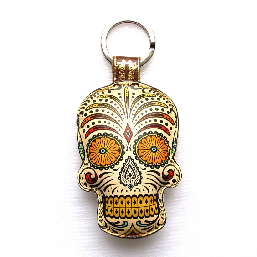 Leather keychain / key ring / bag charm - Sugar skull design