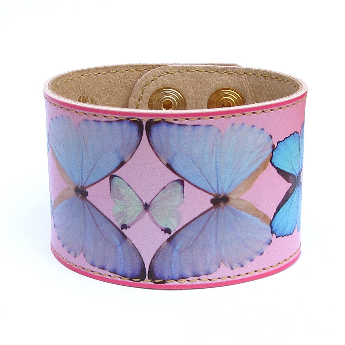 Leather Cuff / Bracelet - Blue butterflies in pink