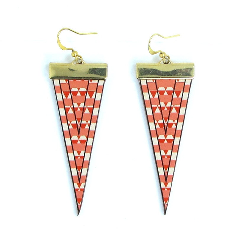 Leather earrings - Geometric Triangles in Coral Pink and Red