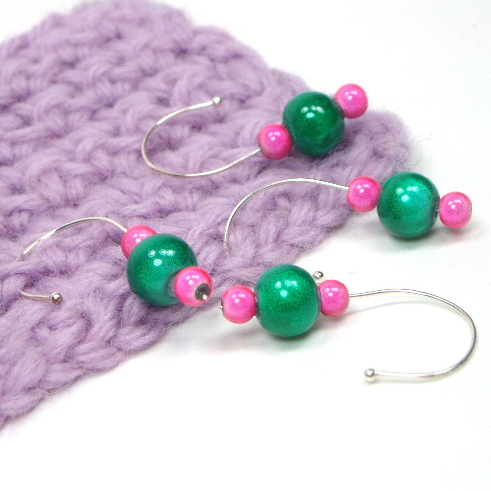 Crochet Stitch Markers Set, Removable, Snag Free, Beaded, DIY Crafts, Gift, Bright Green, Pink, TJBdesigns