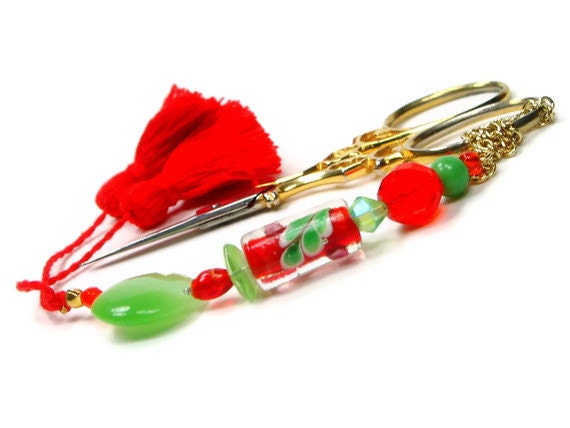 Beaded Scissor Fob, Quilting, Needlepoint, Sewing, Cross Stitch, Hardanger, DIY Crafts, Gift, Orange, Green, TJBdesigns