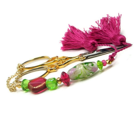 Beaded Scissor Fob, Quilting, Sewing, Cross Stitch, Gift for Crafter, Deep Rose, Spring Green, DIY Crafts, TJBdesigns, Direct Checkout