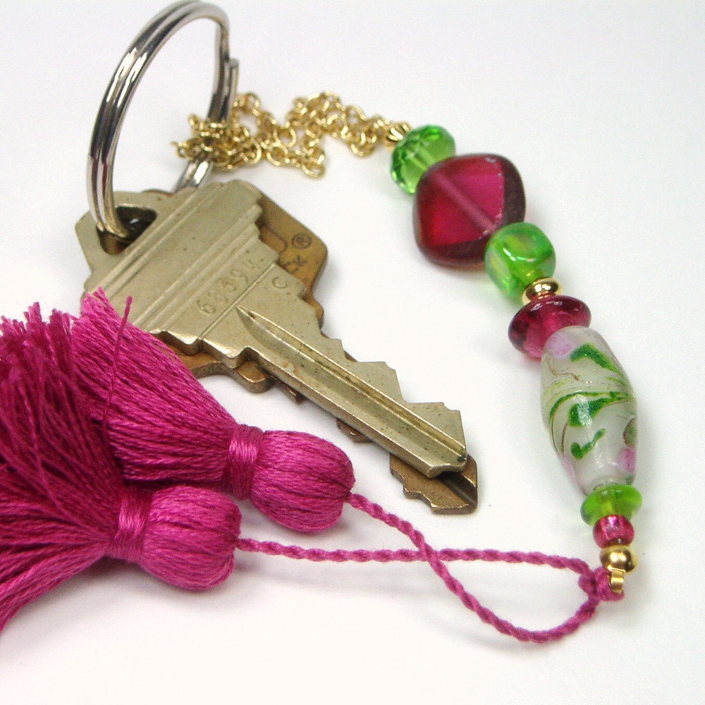 Beaded Scissor Fob, Quilting, Sewing, Cross Stitch, Gift for Crafter, Deep Rose, Spring Green, DIY Crafts, TJBdesigns, Direct Checkout