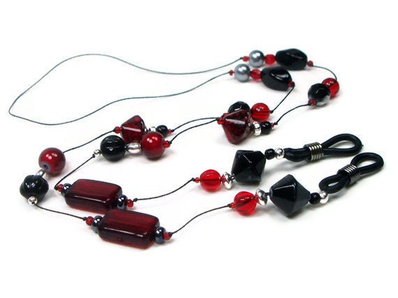 Beaded Eyeglass Leash, Reading Glasses Leash, Granny Glasses Holder, Reading Glasses Chain, Red, Black