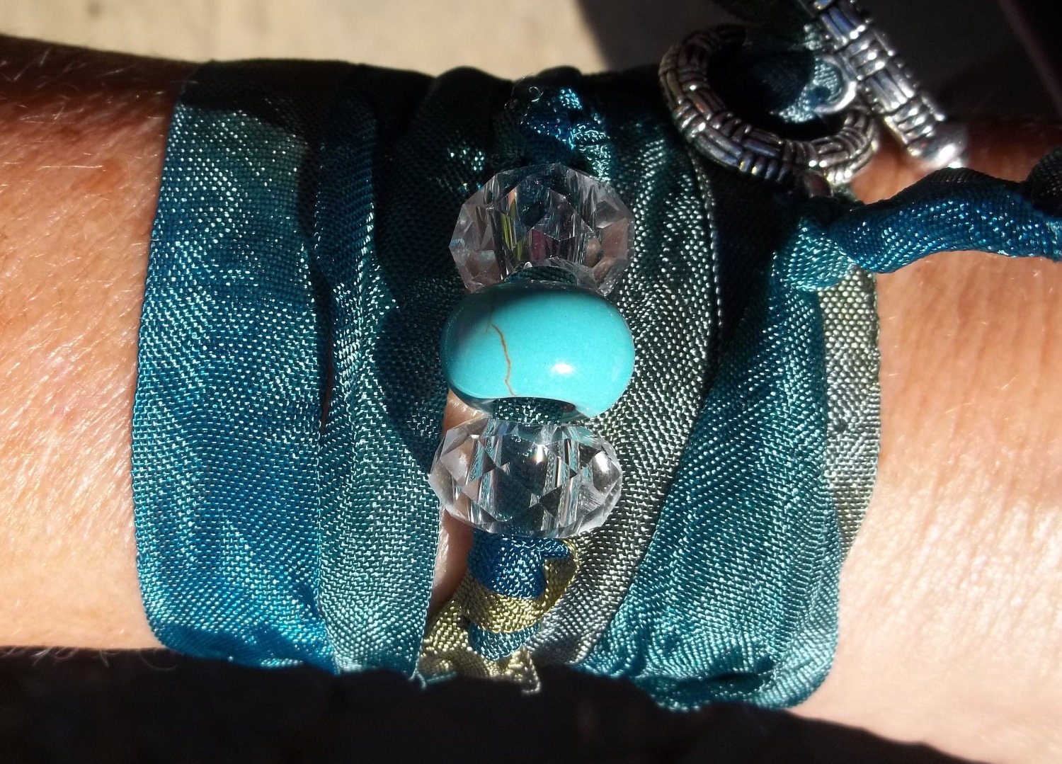 BRICO Turquoise Beaded Ribbon Wrap Boho Style Bracelet