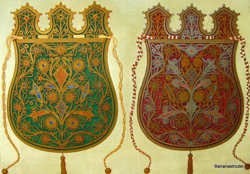 1852 Large Antique Chromolithograph of Embroidered Bags from Greece