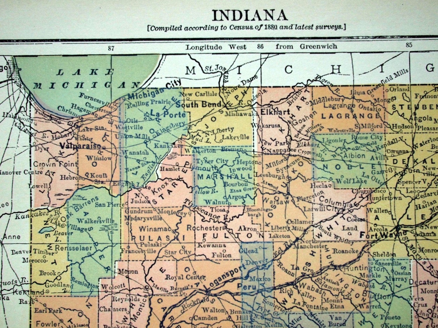 1890s Antique Map of Indiana