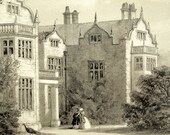 1846 Your Personal Downton Abbey Series. English Antique Wood Engraving of Wroxhall Abbey, Warwickshire, England