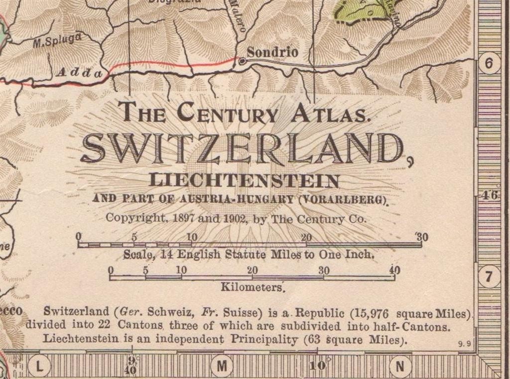 1902 Antique Map of Switzerland and Liechtenstein from the Century Atlas