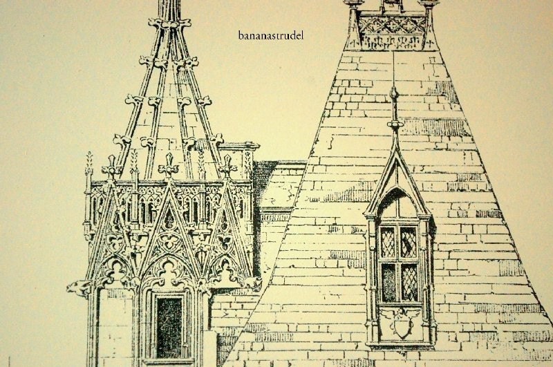 1872 Large Antique Plate of Architectural Details of the Jack Coeur's House, Bourges, France. Plate no. 13