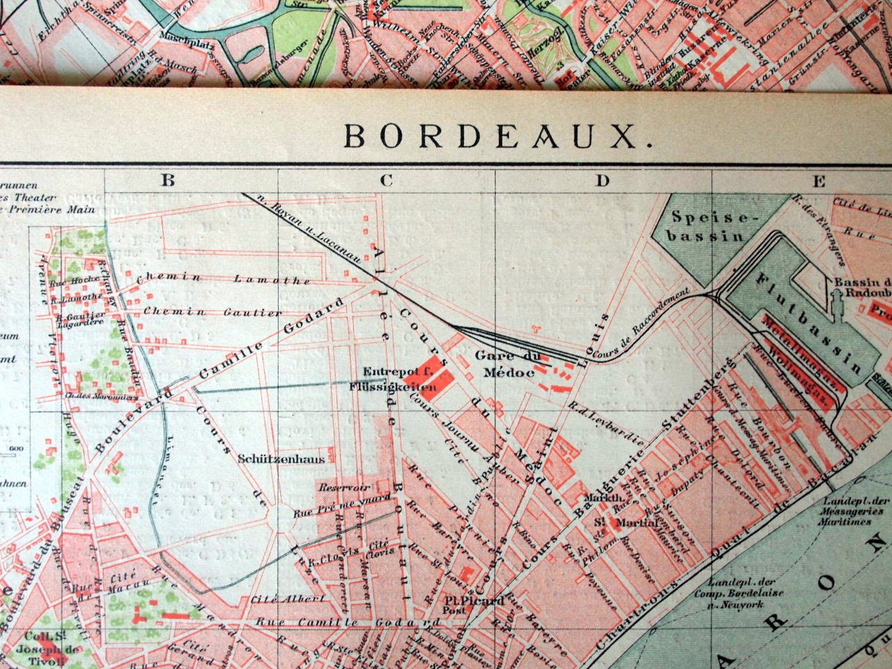 1895 German Antique City Map of Bordeaux, France