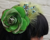Emerald green vintage silk and satin flower fascinator, with vintage feathers and antique sequin embellishments