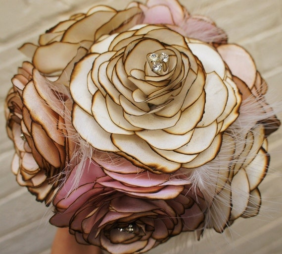hand made vintage fabric wedding bride's bouquet, silk, satin, antique net and feather, choose your colours CUSTOM ORDER