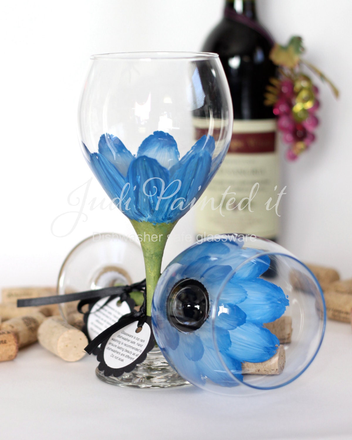 True blue Daisy hand painted wine glass - FREE Personalization and dishwasher safe