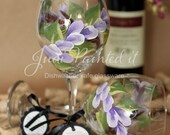 Woodland wrap around hand painted wine glass in a pure purple around floral design. FREE personalization and dishwasher safe