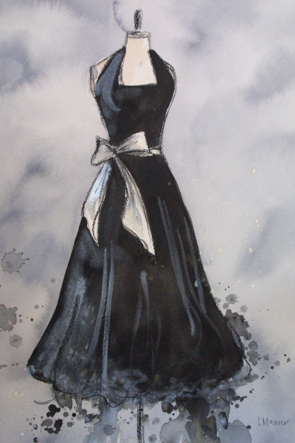 CLEARANCE Vintage Dress Painting - Original -Watercolor, Acrylic and Charcoal Painting - Vintage Black Halter Dress with Silver Bow - 16x20