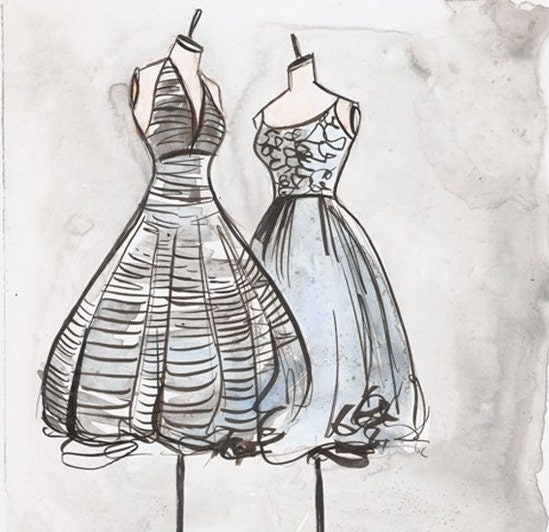 Vintage Dress Painting - Print of a Watercolor and Ink Painting - Vintage Striped and Lace Dresses - 8x10