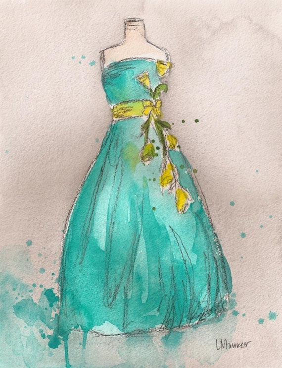 Print - Watercolor and Charcoal Painting - Vintage Aqua Dress - 8x10