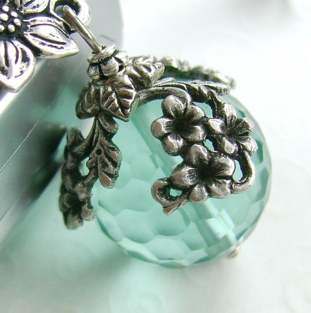 The World in Bloom - ceiling fan pull, home decor, aqua blue ball charm - antiqued silver floral draping, lighting, light, lamp, purse