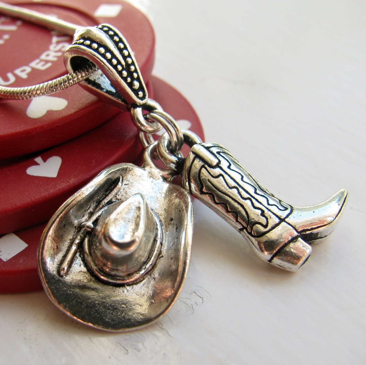 Cowboy Hat and Cowboy Boot charm necklace, Tierra Cast  antiqued silver pewter, rodeo jewelry, Wild West, cowgirl, horseback riding