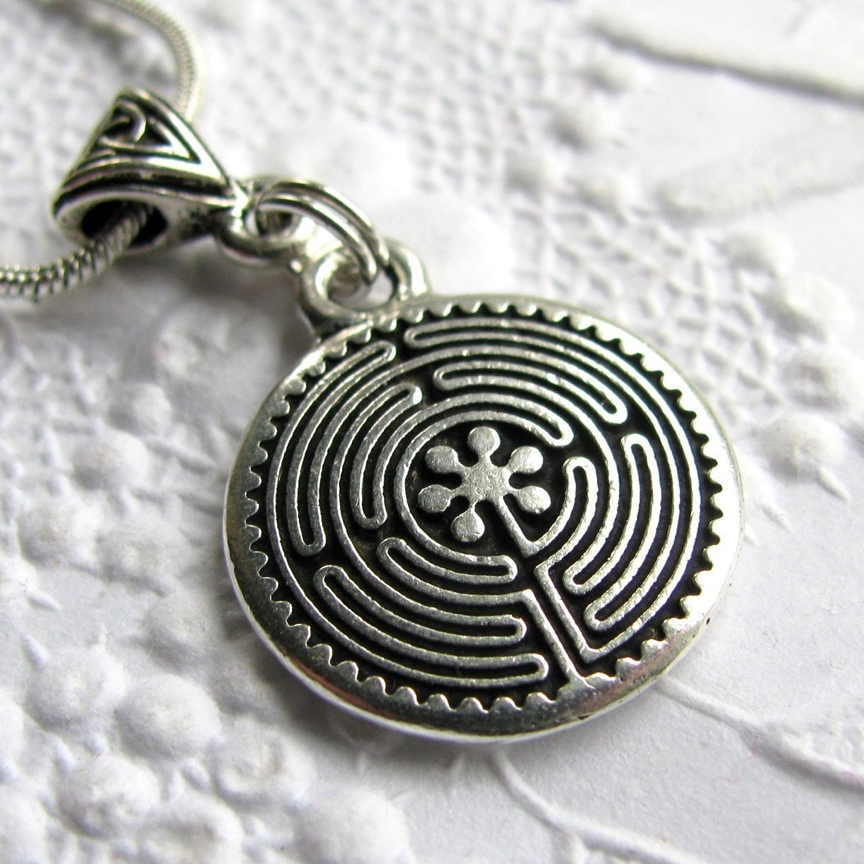 Labyrinth charm necklace with Celtic accents, Tierra Cast antiqued silver pewter, spiritualiity, travel symbol, inner wisdom, talisman