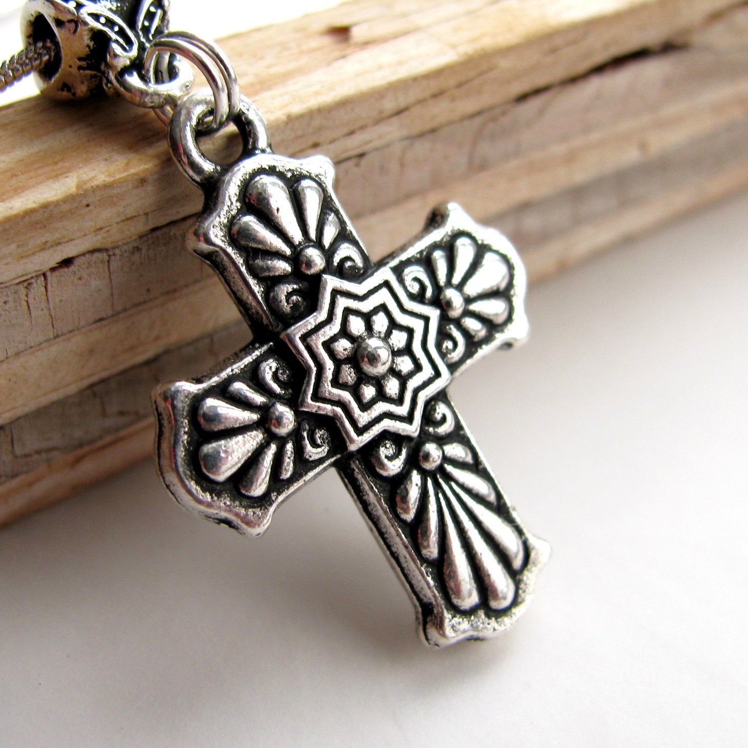 Mexican Talavera Cross charm necklace pendant, rustic silver Tierra Cast pewter, folkloric pattern, historic Christian symbol, Hispanic