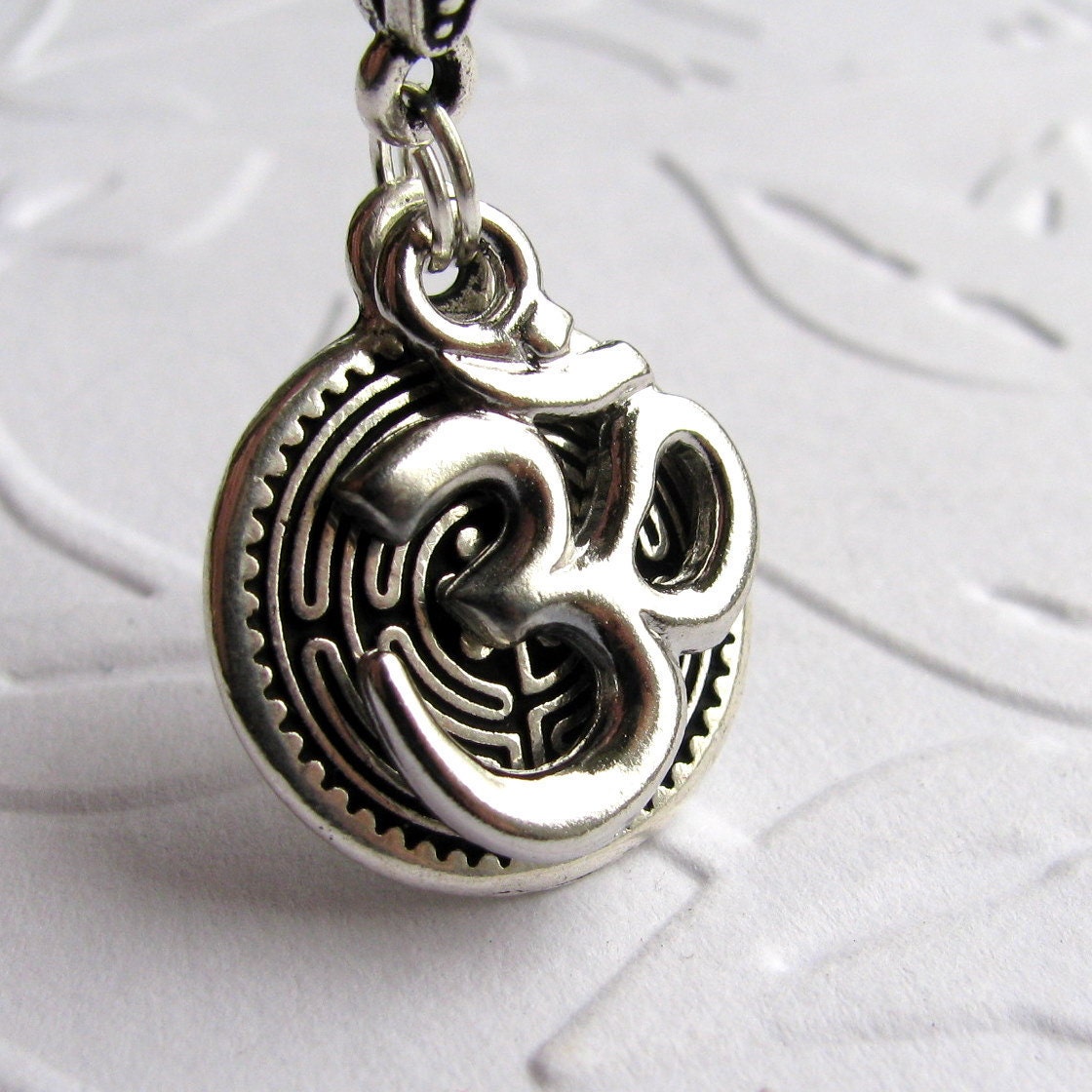 Sanskrit Om with Labyrinth charm necklace "Tranquil Journey" Tierra Cast silver pewter, inner guigance, travel necklace, meditation