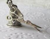 Vintage stork sewing scissors and thimble charm necklace - antiqued silver pewter - crafting, seamstress, sew, fertility, motherhood